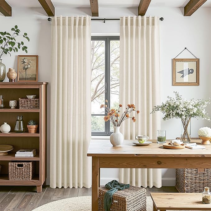 Birch Beige Linen 112 Inch Curtains for Living Room Light Filtering Semi Sheer Curtain Back Tab Modern Farmhouse Decor Elegant Coastal Drapes Floor to Ceiling High Window for Bedroom 52x112, 2 Panels