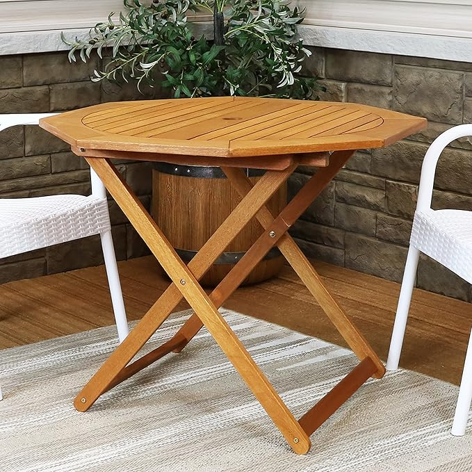Sunnydaze Folding Meranti Wood Outdoor Dining Table with Umbrella Hole - Foldable Teak Patio Table - Teak Oil Finish - Octagon