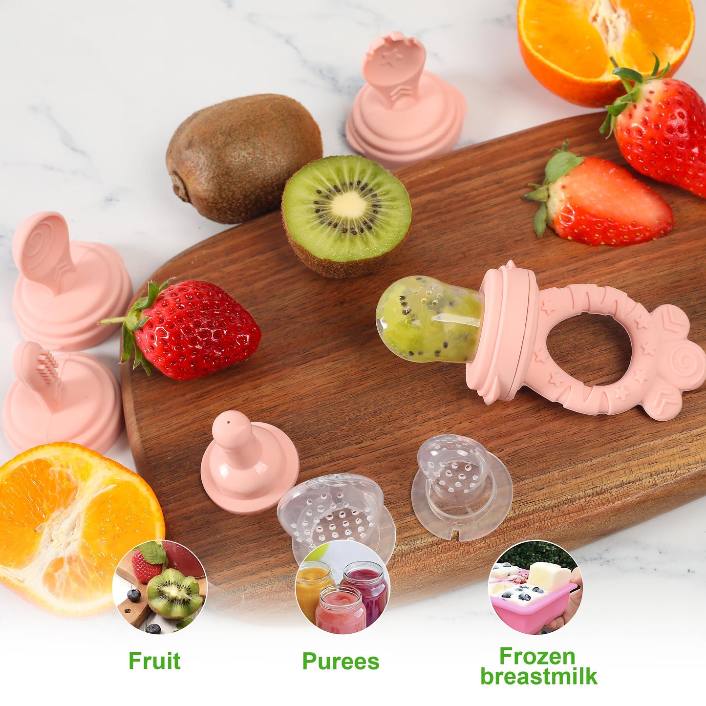 Minie Joo Baby Fruit Feeder Set – BPA-Free Silicone Fresh Food Feeder with 3 Replacement Teats, Teething Feeder for Fruits & Purees, Safe Self-Feeding for Babies 4+ Months