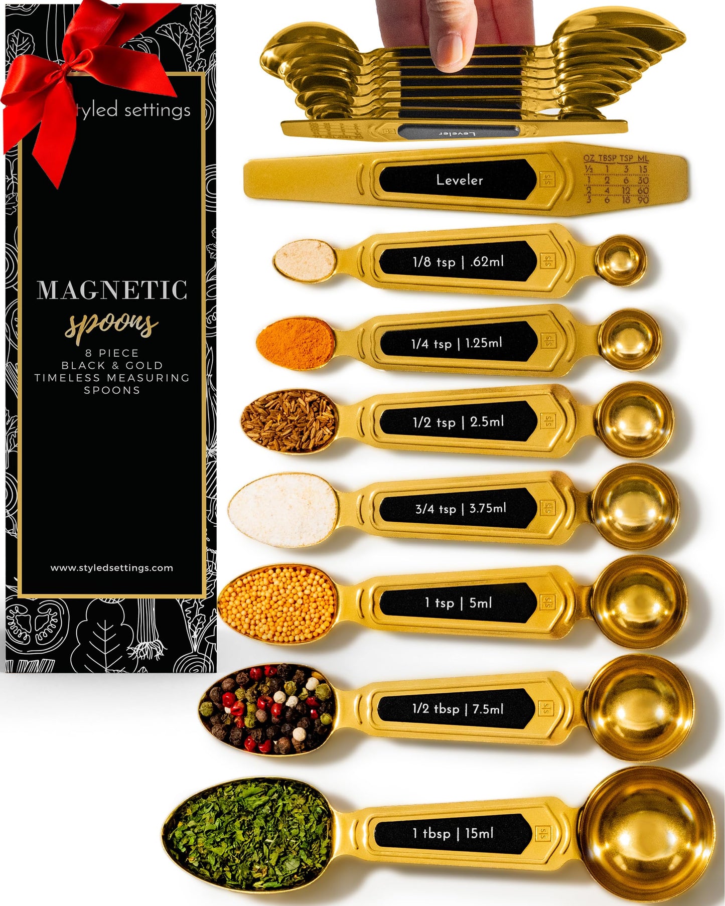 Gold Magnetic Measuring Spoons with Leveler - Featuring 8-Piece Upgraded Style, Dual-Sided, Stackable, Stainless Steel Gold Measuring Spoons Set - Fits in Spice Jars, Luxury Kitchen Accessories