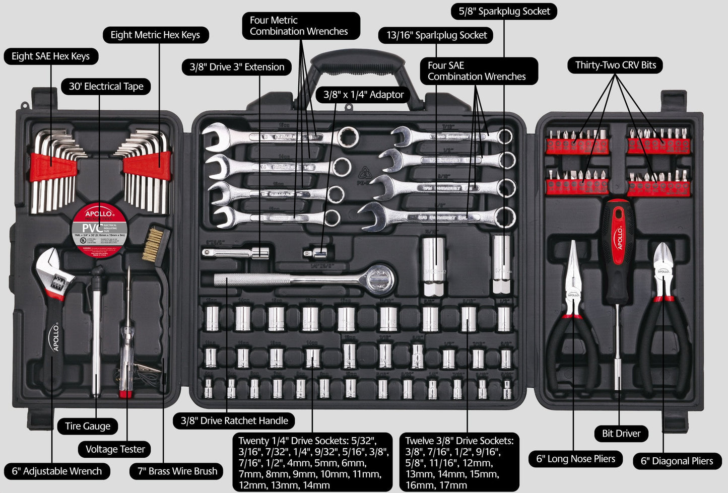 Apollo Tools 101 Piece Mechanic Tool Set for Roadside Emergencies. SAE and Metric for Mechanical Repairs for Boating, RV, Bikes, in Compact Carrying Case - Red - DT0006
