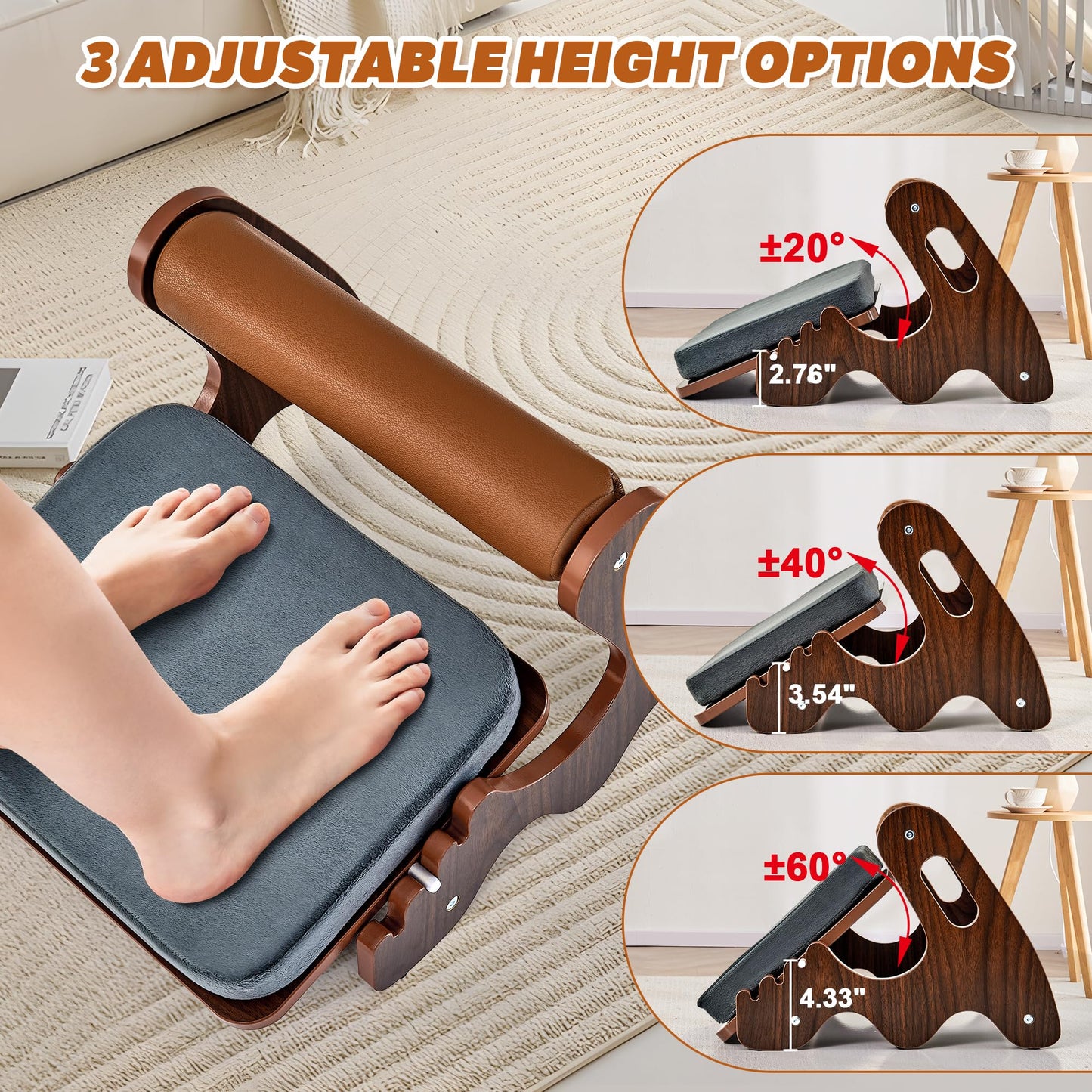 Spacocld Foot Rest for Under Desk at Work- Adjustable Rocking Foot Stool with 3 Height Position and Soft Crossbar, Ergonomic Wooden Footrest with Soft Sponge Pad for Home, Office