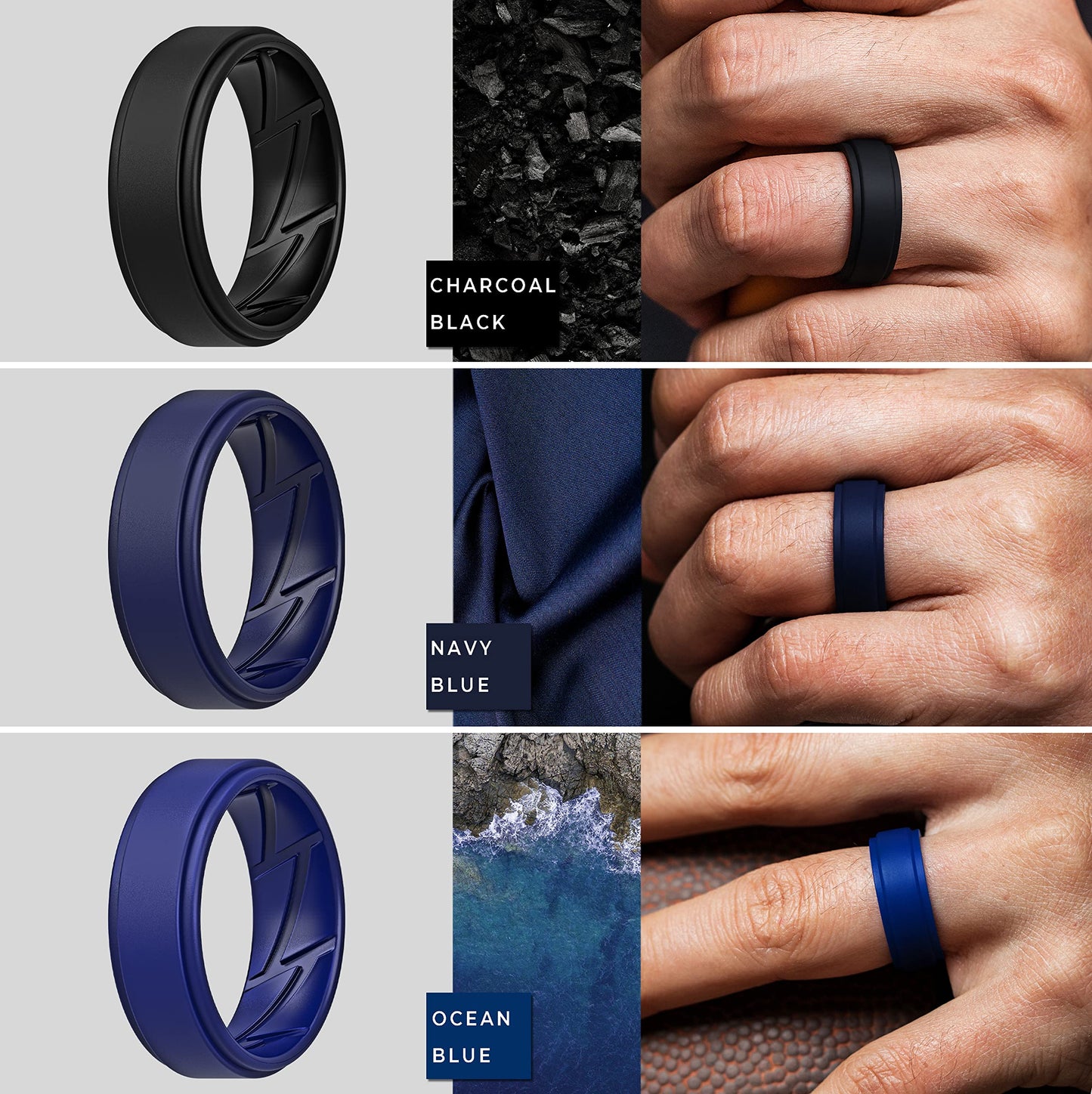 ThunderFit Silicone Wedding Rings for Men Breathable Airflow Inner Grooves, Step Edge Sleek Design Rubber Engagement Bands 8mm Wide 2mm Thick, Variety Multipack 1-7