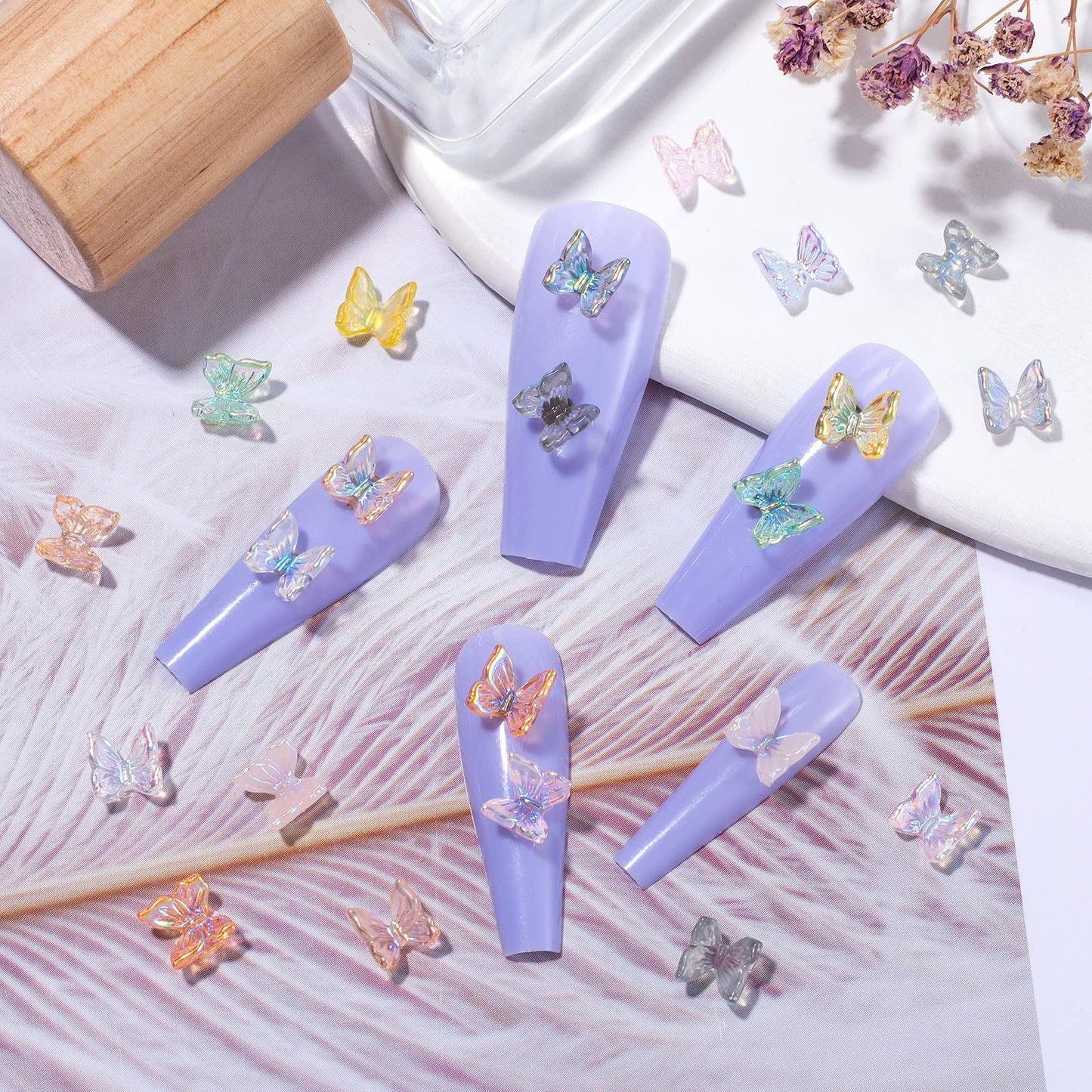 OIIKI 300pcs Cute 3D Butterfly Nail Charm, Glitter Charm for Nails Art, Resin Art Decorations Ornaments Gems for Acrylic DIY Craft Design Manicure Accessories