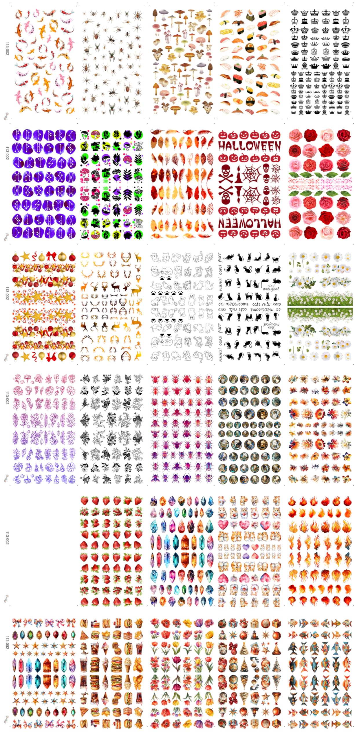 30 Sheets Nail Stickers Collection ~ Flame Elements ~ Fire Flames Crystals Stars Ornaments Flowers and Assorted Motifs in Vibrant Detailed Style Creating Bold Dynamic Manicure Decals