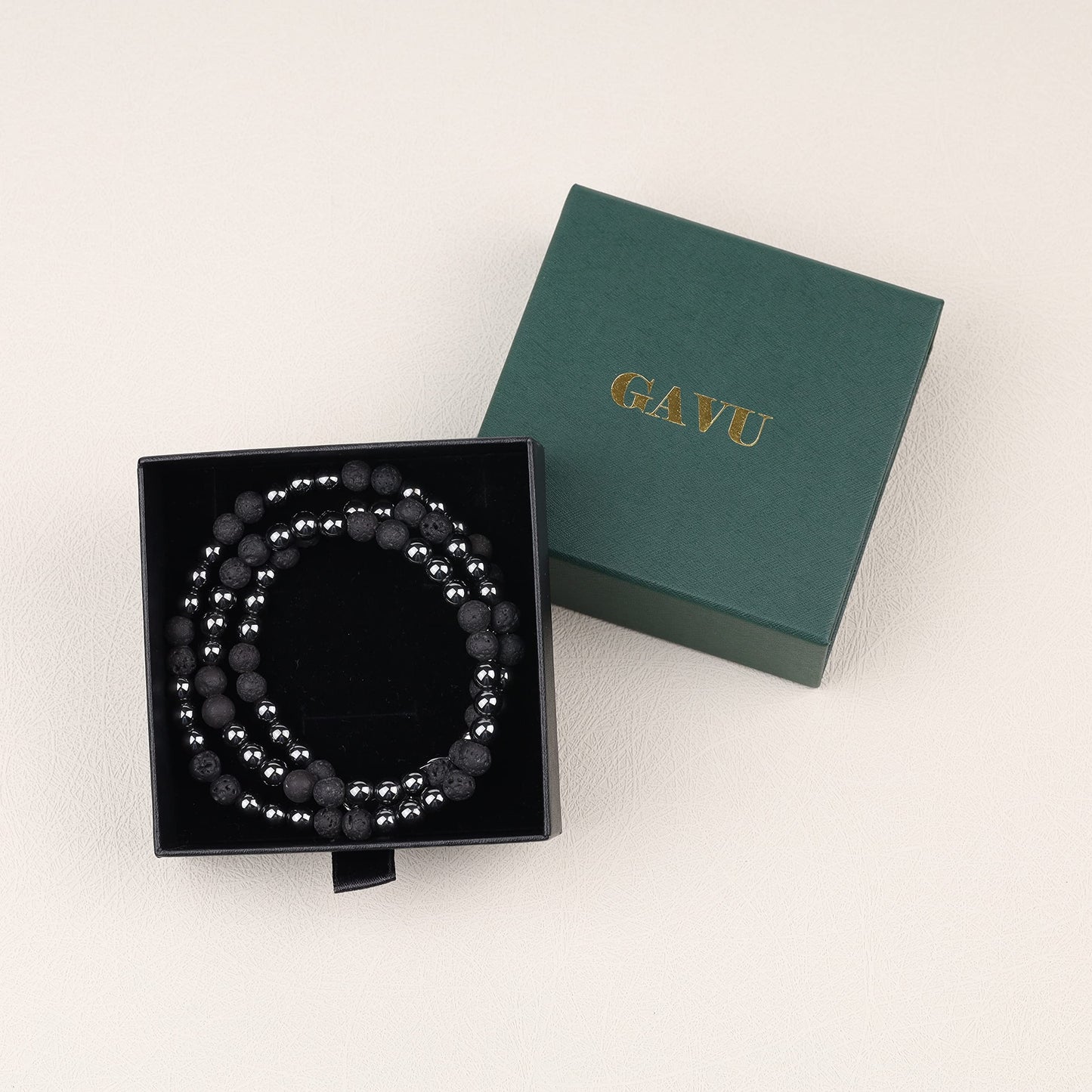 GAVU Men's Crystal Lava Hematite Beaded Black Stone Necklace 24"