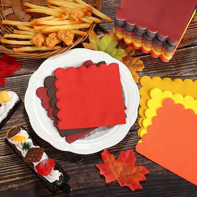 durony 150 Pack Scalloped Napkins 5 x 5 Inch Disposable Paper Napkins Gradient Color Napkins with Scalloped Edges for Dinner Wedding Birthday Party Supplies, Autumn Color