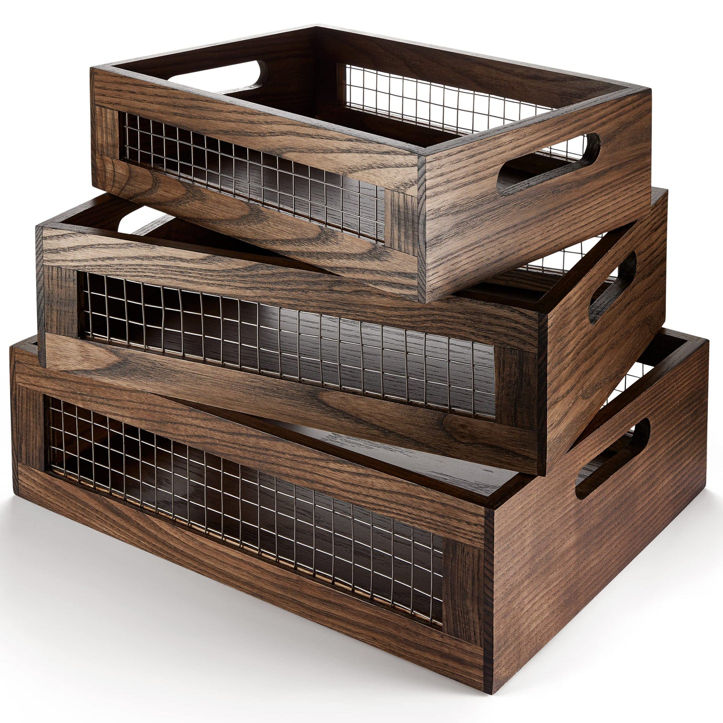 NAGAWOOD Set of 3 Wooden Nesting Countertop Baskets, Rustic Wood Storage Crates with Handles for Kitchen, Pantry, Bathroom, Fruit, Vegetables, Bread