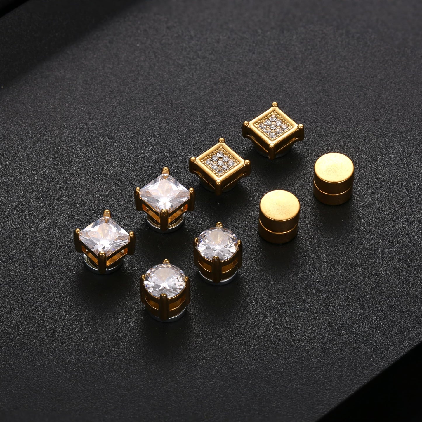 Jstyle 4 Pairs Stainless Steel Magnetic Stud Earrings for Men Women Gold CZ Non-Piercing Clip On Stud Earrings Set 8 MM