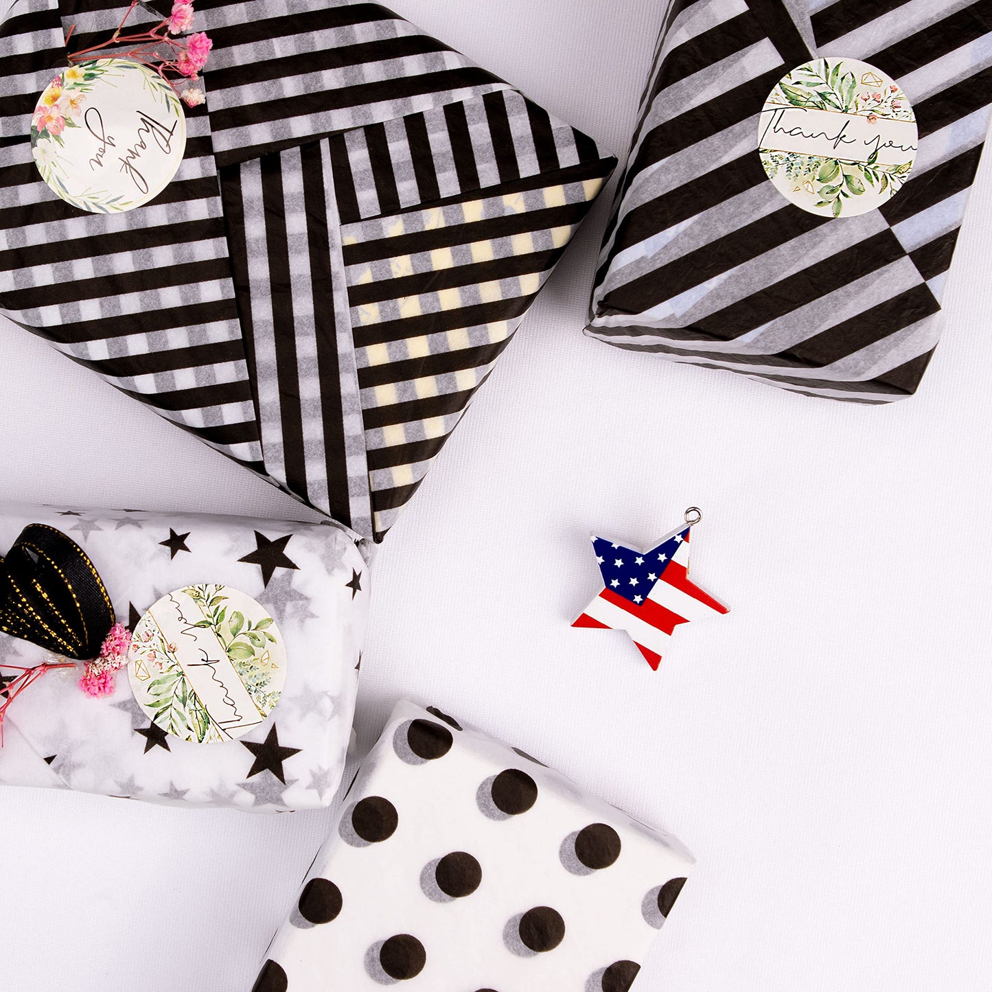 MR FIVE 60 Sheets 20" X 28" White and Black Tissue Paper Bulk,4 Styles Black Tissues Paper for Gift Wrapping,Gift Bags,Birthday,Star Stripes Polka Dots Pattern