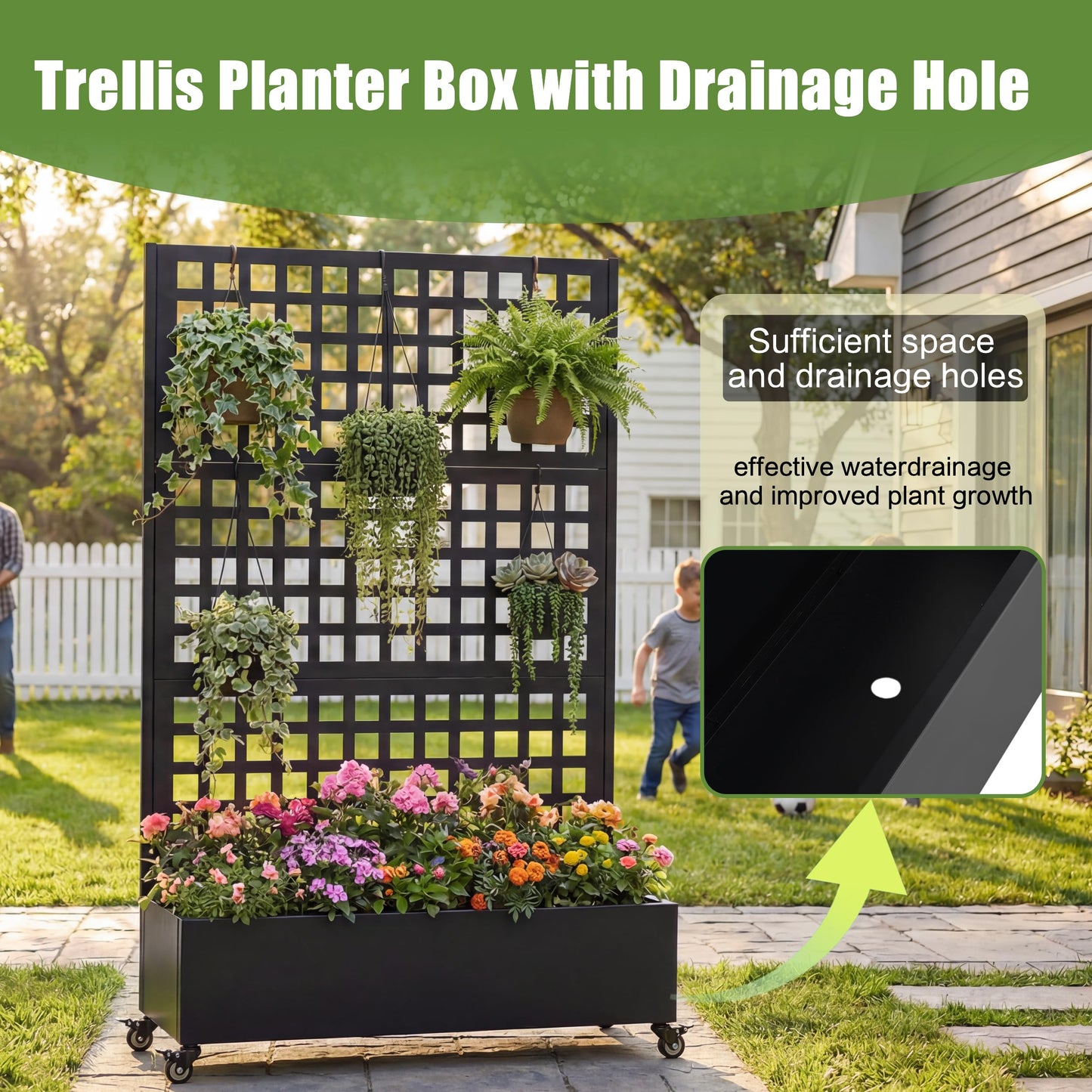 MATONELL 73" Tall Raised Garden Bed with Trellis & Wheels, Galvanized Metal Planter Box for Climbing Plants, Outdoor Planter (Black)