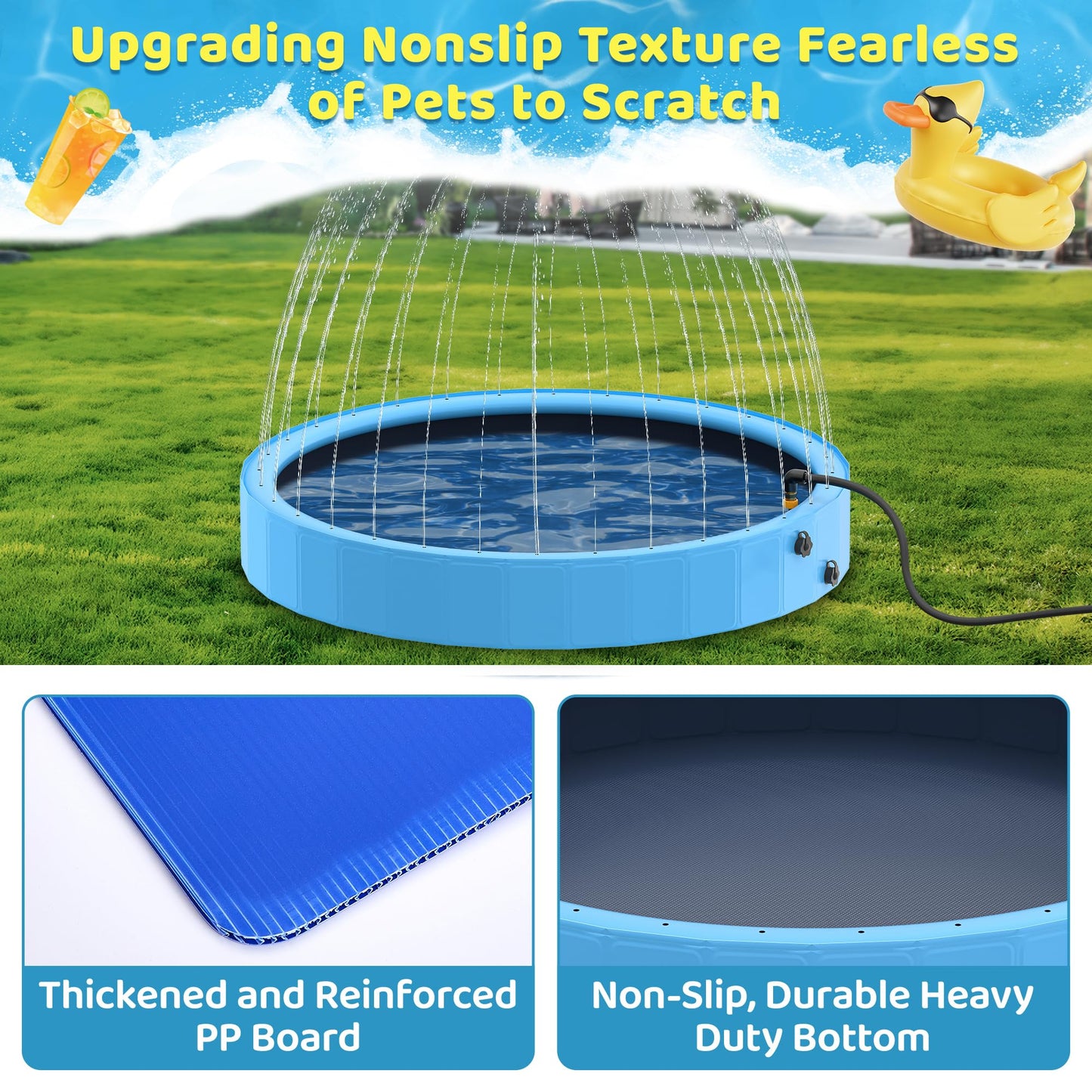 Raxurt Dog Pool with Sprinkler, 97'' Foldable Dog Pools for Large Dogs, 2-in-1 PVC Non Slip Pet Bathing Tub for Outdoor Backyard, Blue