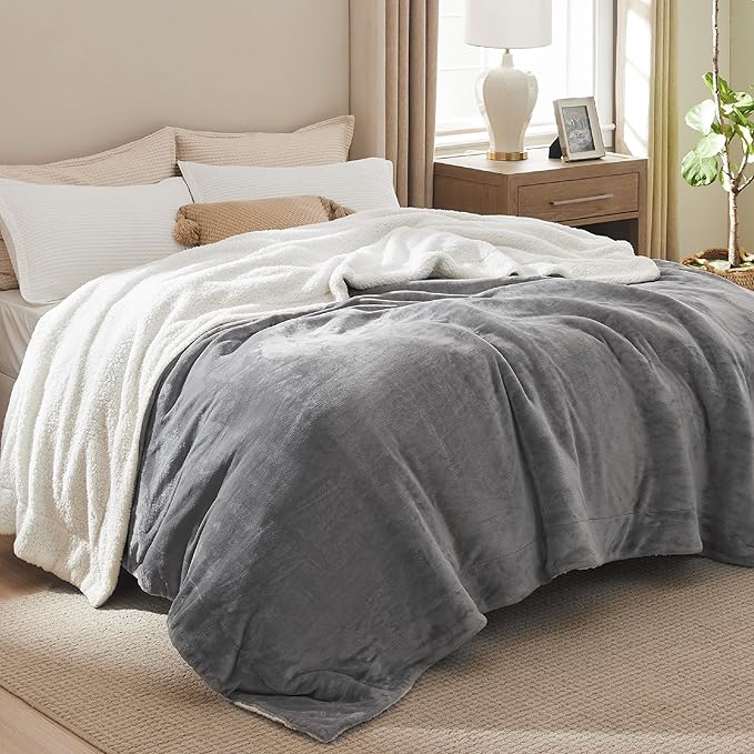 Bedsure Sherpa Fleece Blankets King Size for Bed - Thick and Warm, Soft Fuzzy Plush King Blanket for Winter, Grey, 108x90 Inches