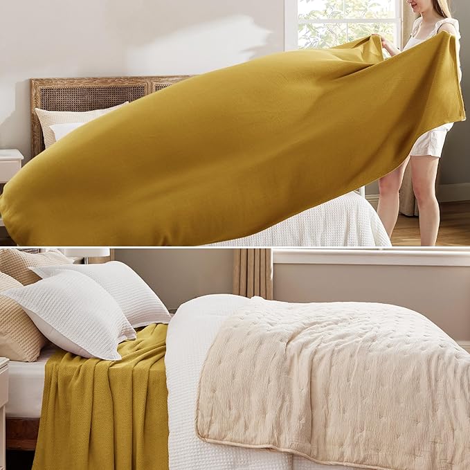 Bedsure 100% Cotton Blanket King Size for Bed - Breathable and Lightweight, Soft Cozy Textured Herringbone Woven Blanket for Summer Spring, Yellow, 108x90 inches