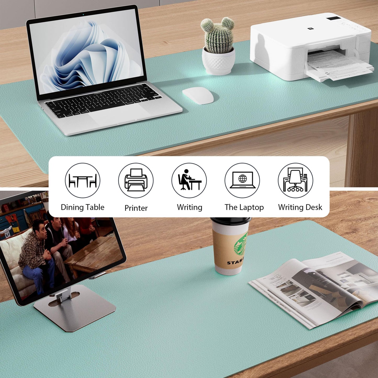 Aothia Leather Desk Pad Protector, Mouse Pad, Office Desk Mat, Non-Slip PU Leather Desk Blotter, Laptop Desk Pad, Waterproof Desk Writing Pad for Office and Home (Light Blue,31.5" x 15.7")