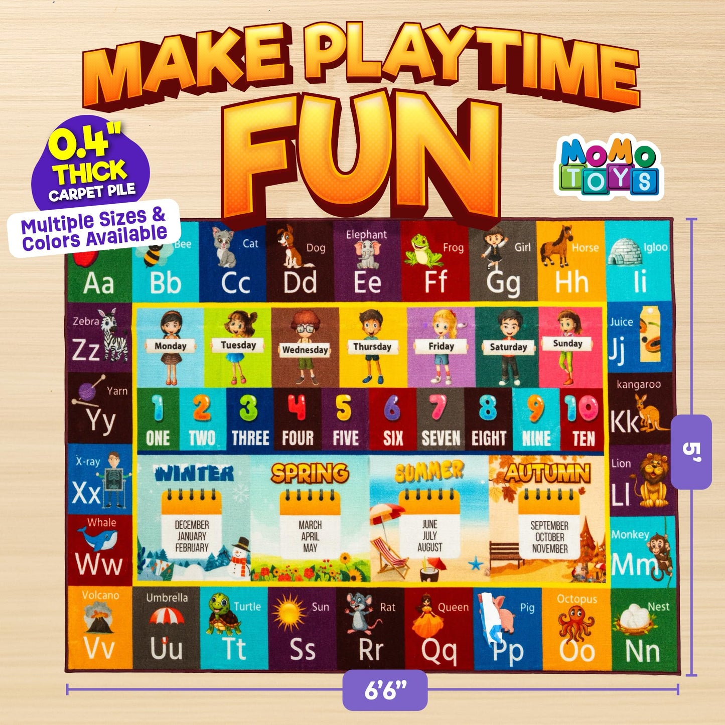 Educational Rug – Non-Slip ABC Carpet for Kids Room – 6.5' x 5' Soft Alphabet Kids Rug for Playroom, Daycare, Preschool, Classroom, Play Mat – Childrens ABC Mat with Letters, Numbers, Animals, Months