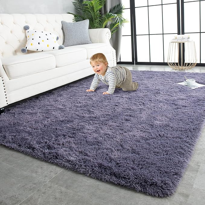 TWINNIS Super Soft Shaggy Rugs Fluffy Carpets 5x8 Feet, Indoor Modern Plush Area Rugs for Living Room Bedroom Kids Room Nursery Home Decor, Upgrade Anti-Skid Rectangular Fuzzy Rug, Grey Purple