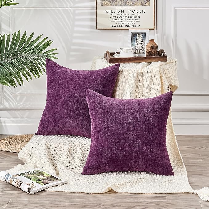 GAWAMAY Decorative Square Throw Pillow Covers 18"x18" Inch Set of 2, Super Soft Chenille Pillows Farmhouse Fall Pillowcase for Living Room Bedroom Sofa Couch Cushion Cover Purple 45x45cm (No Insert)