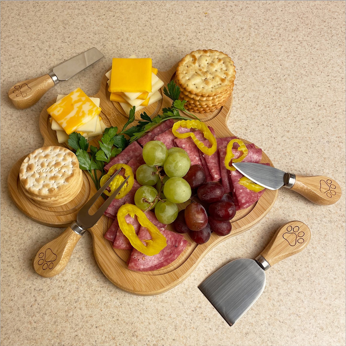 Pet Fit For Life - Paw Shaped Natural Bamboo Charcuterie Board - Wood Cutting Board/Cheese Board Set with 4 Matching Spreaders - Unique Gift Set For Any Occasion