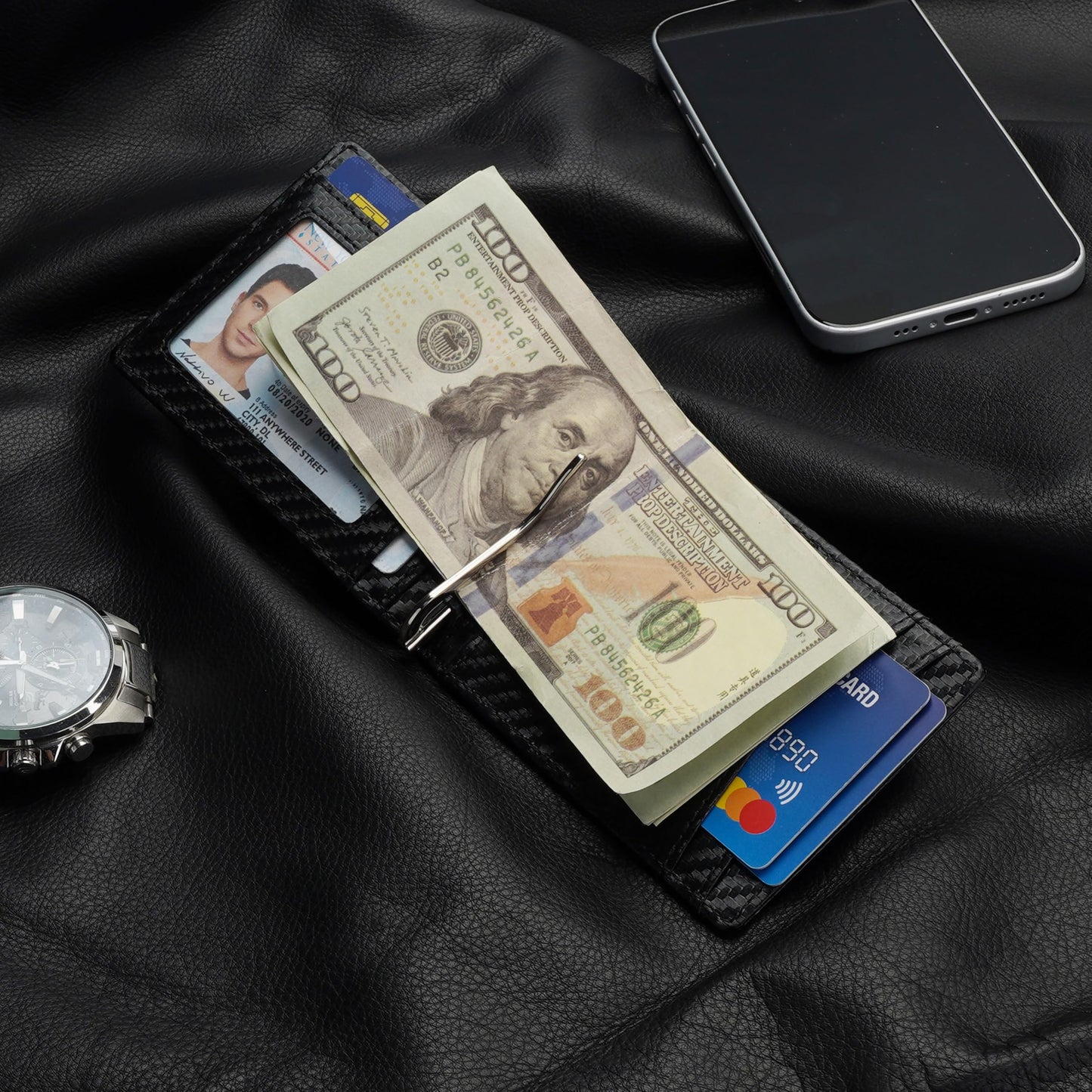 ZOELON Slim RFID Wallet for Men – Front Pocket Bifold with Money Clip & ID Window, Carbon Fiber Look, Gift Box