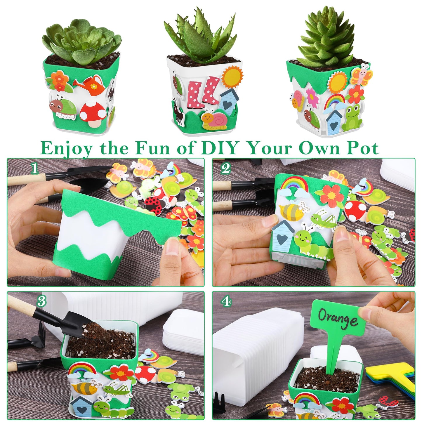 Elcoho 36 Set Garden Plastic Pot Craft Kit Plant Spring Craft Kits Flower Pots with 150 Foam Stickers 36 Labels 24 Certificate of Awards 3 Tools Planting Growing Kit, White