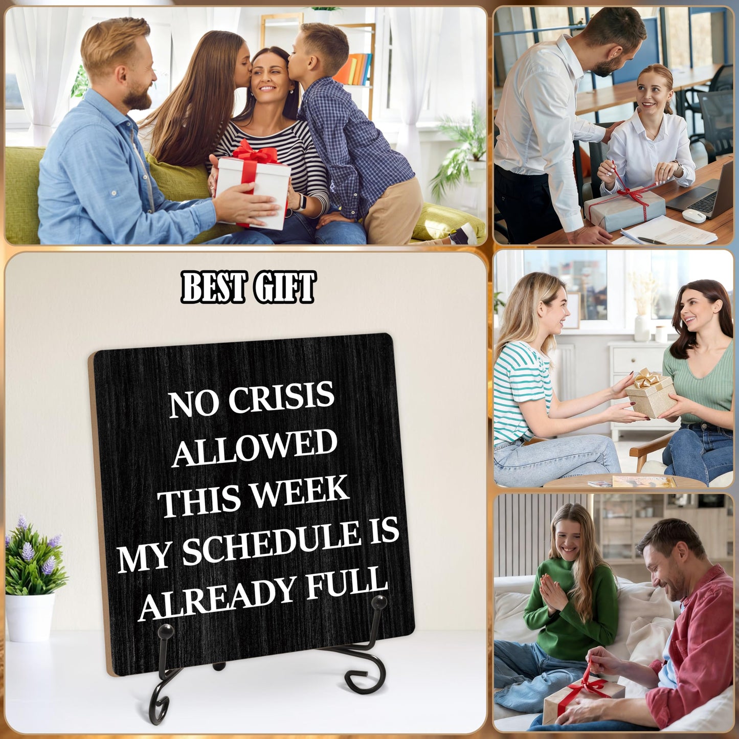 Humorous Work Gift - No Crisis Allowed This Week My Schedule Is Already Full, 5.1 x 5.1 Inch Wood Plaque With Stand, Funny Office Desk Decor for Women Men Coworker Boss Team Manager Director (XB04)
