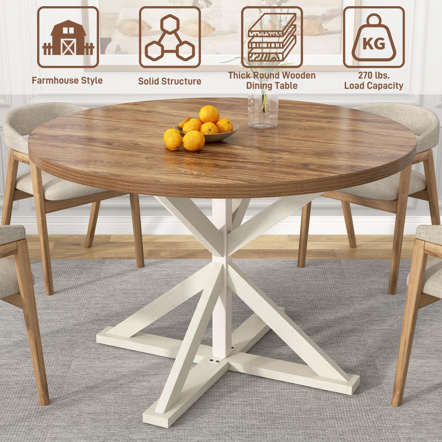 Round Wood Dining Table for Kitchen,Dining Room,Living Room,Farmhouse Dinner Tables W/Thickened Brown Wooden Waterproof Tabletop for 4 People,47 inch Rustic Kitchen Table W/Metal Support(OAK)