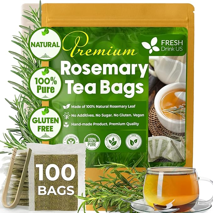 FreshDrinkUS, Premium 100 Rosemary Leaf Tea Bags, Made with 100% Natural Rosemary Dried Leaves, Pure Herbal Tea, No Additives, No Caffeine, No Gluten, Vegan.
