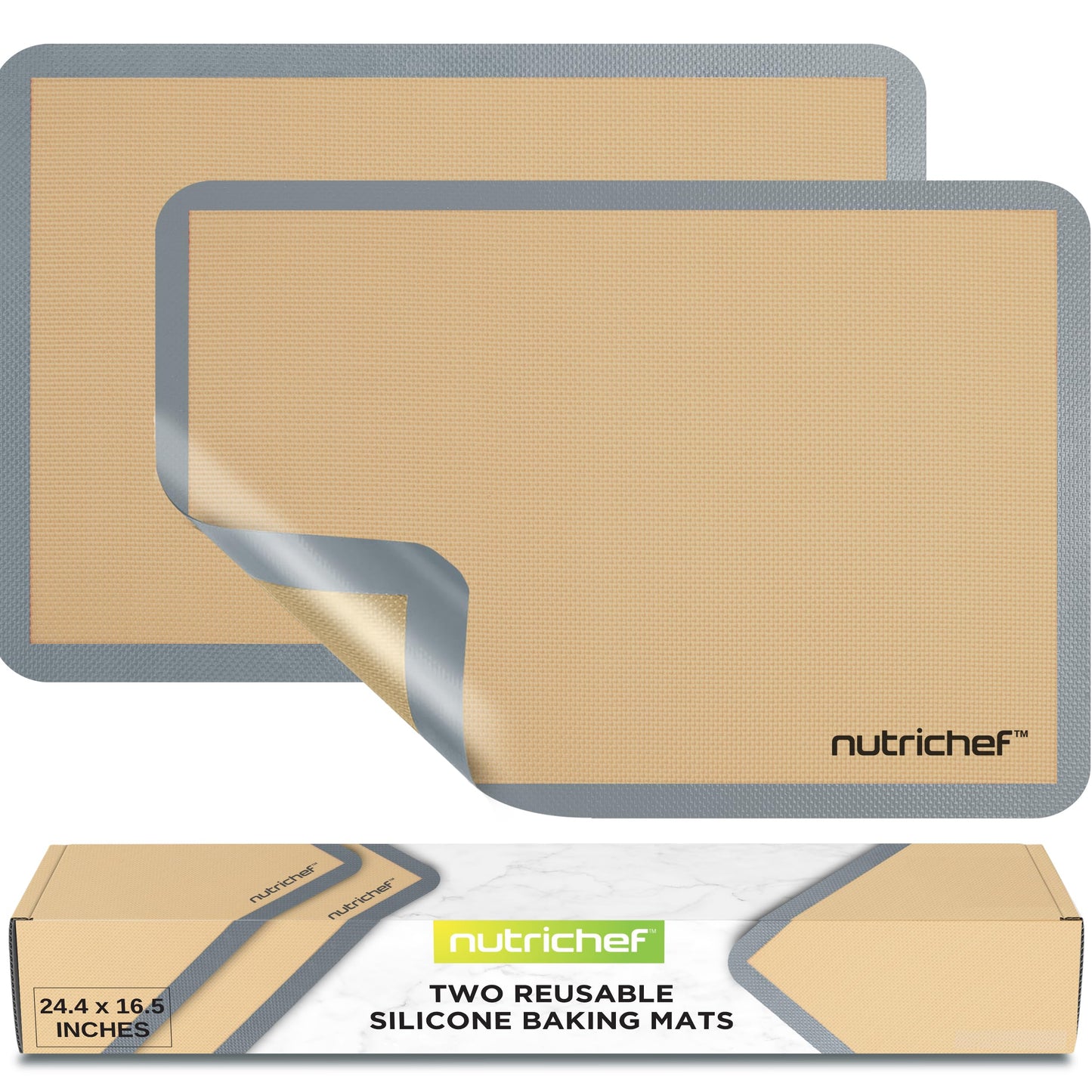 Nutrichef Silicone Baking Mats - 2 Non-stick Food-Grade Silicone Mats - Perfect for Full Baking Pans 24.4 x 16.5 IN - Oven-safe Up to 480 Degrees F - Suitable for Ovens, Freezers, & Dishwashers - Grey