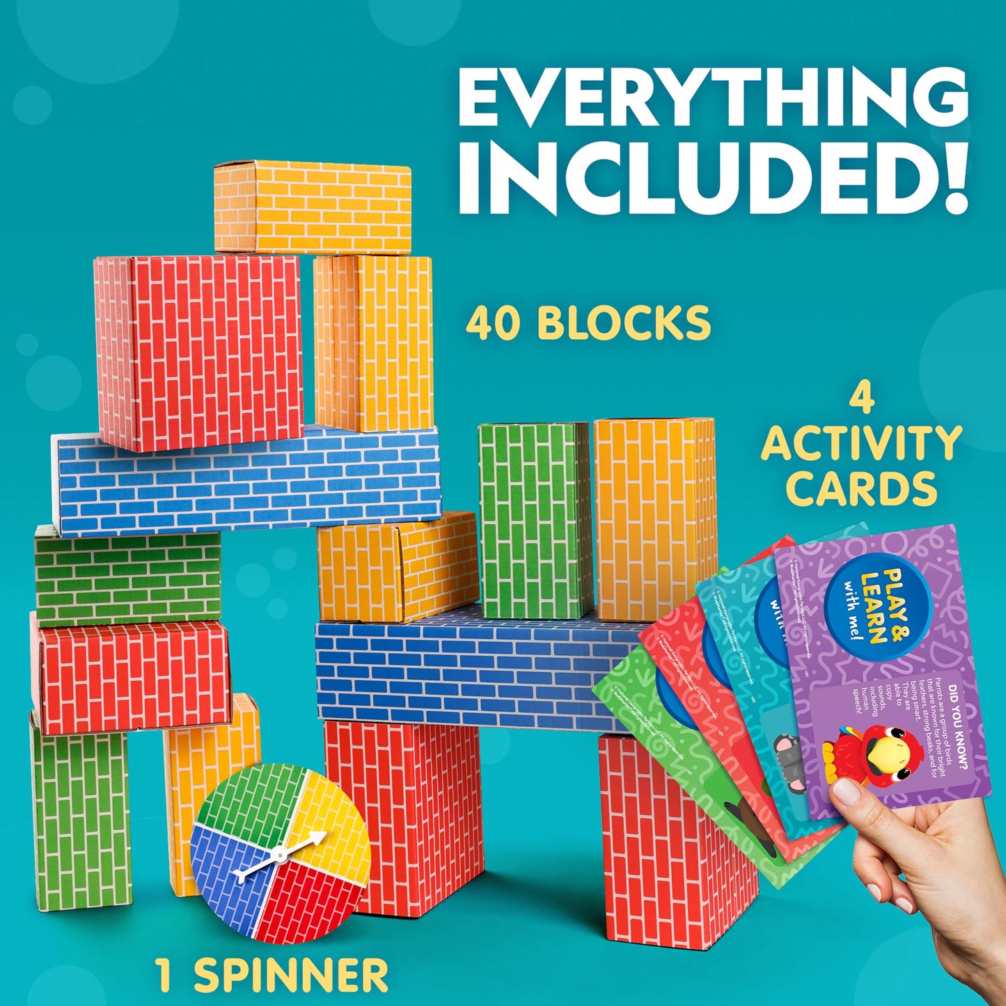 NATIONAL GEOGRAPHIC Kids Jumbo Cardboard Building Blocks – 40 Heavy-Duty Bricks in 3 Sizes, Build & Learn with Game Spinner & Activity Cards for Kids 3+, Indoor Play Construction Toy for STEM Learning