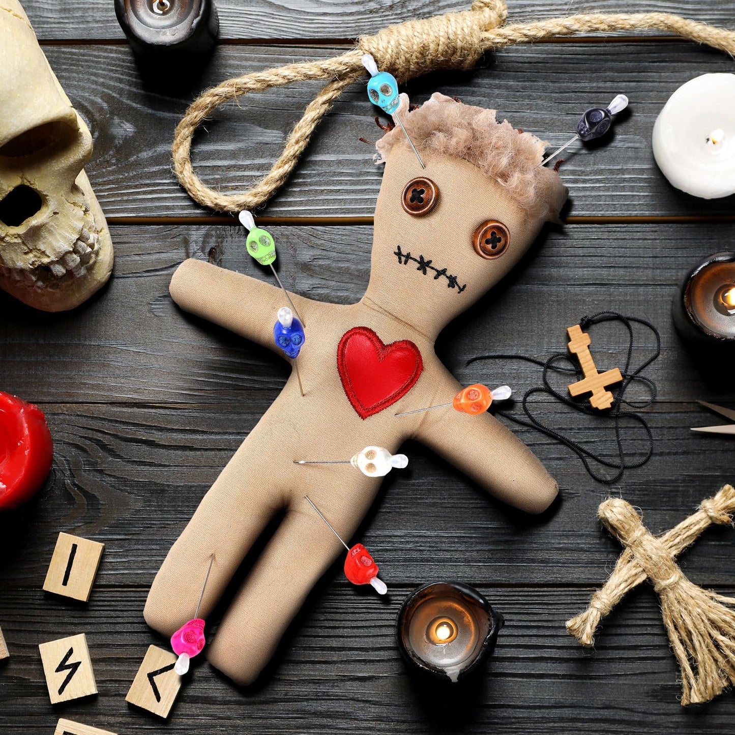 Jenaai 12 Pcs Voodoo Doll Set Include 2 Pcs Creepy Dolls with 10 Pcs Skull Pins Soft Halloween Scary 7.87 Inch Creepy Voodoo with Pins for Halloween Ornaments Fidget Toys Stress Relieving
