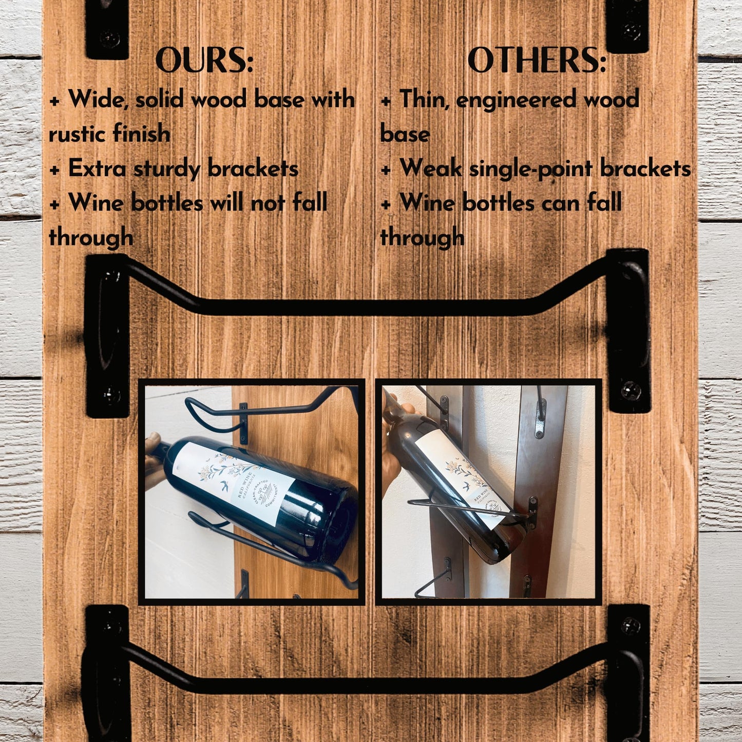 Blue River Goods Wine Rack Wall Mounted | Wooden Wall Wine Rack with 8 Bottle Storage and Matte Black Brackets | Wine Wall Rack with Rustic Finish | Perfect for Small Spaces