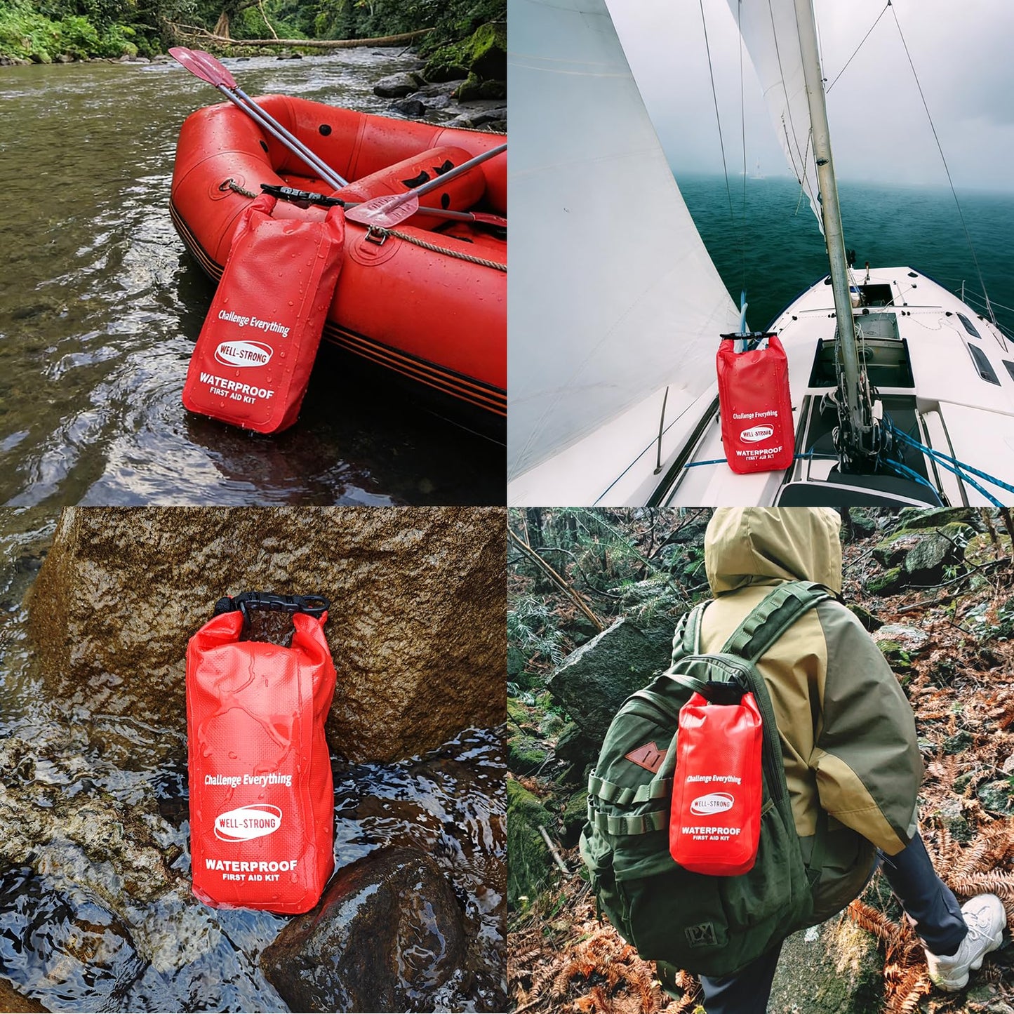 WELL-STRONG Waterproof First Aid Kit Roll Top Boat Emergency Kit with Waterproof Contents for Fishing Kayaking Boating Swimming Camping Rafting Beach Red