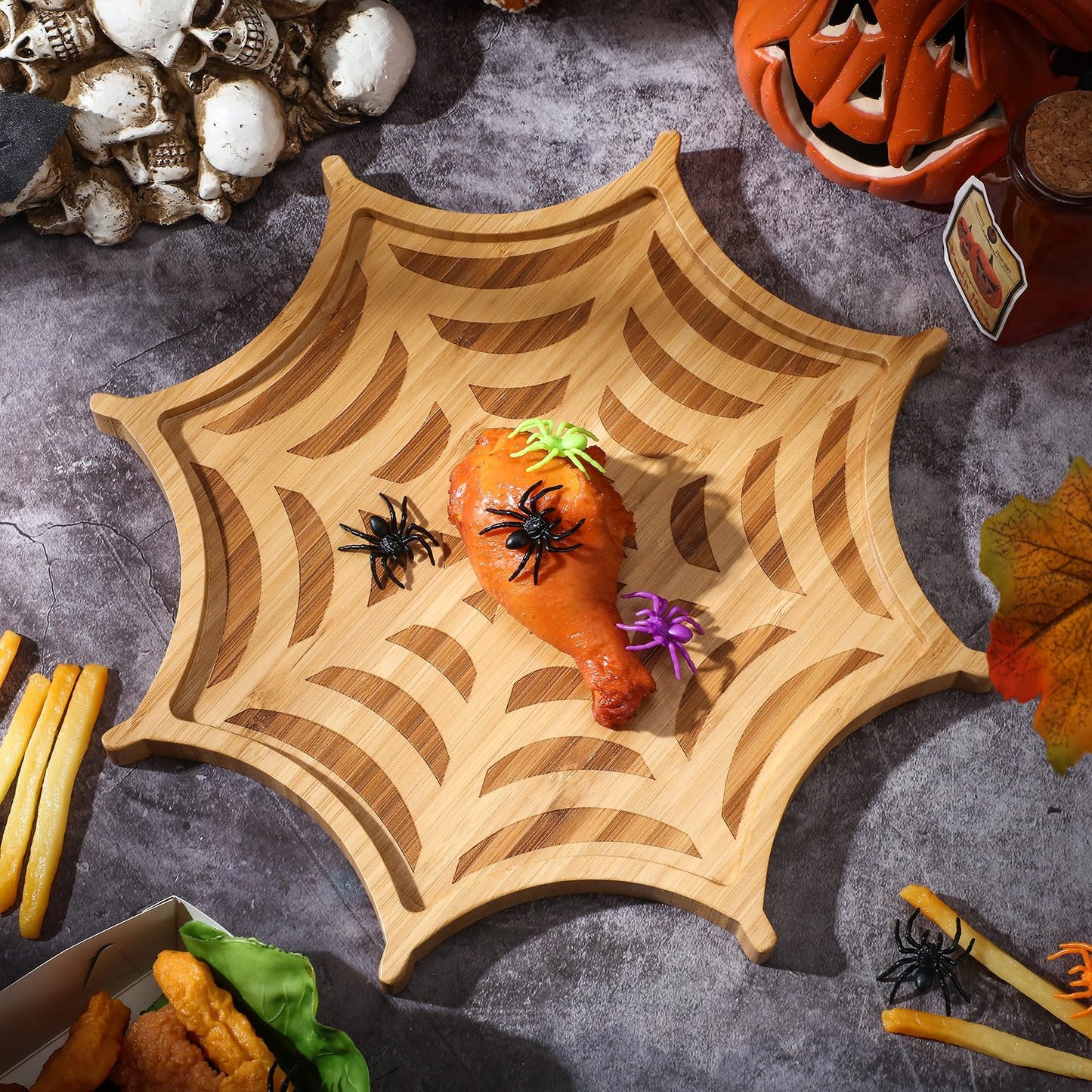 Sintuff 2 Pcs Halloween Charcuterie Board Funny Bamboo Wood Cheese Platter Tray Dinnerware Cookware Serving Tray Plates for Candy Cookie Home Party (Web, 12 x 12 x 0.8 Inch)