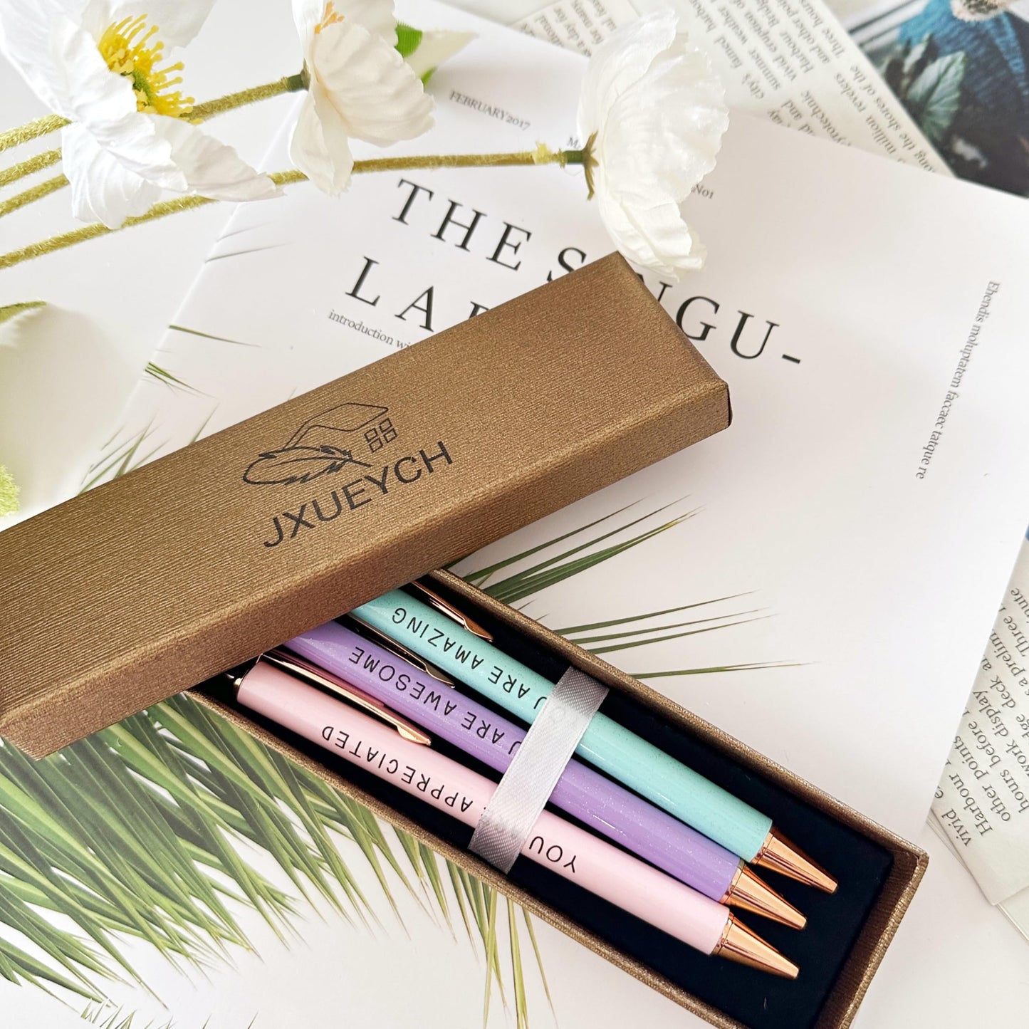 Jxueych Inspirational Metal Pens for Women (3-Pack) - Empowering Quotes: 'AWESOME/AMAZING/APPRECIATED' with Gift Box & Card - Gifts for Nurses, Teachers, Coworkers & Farewells