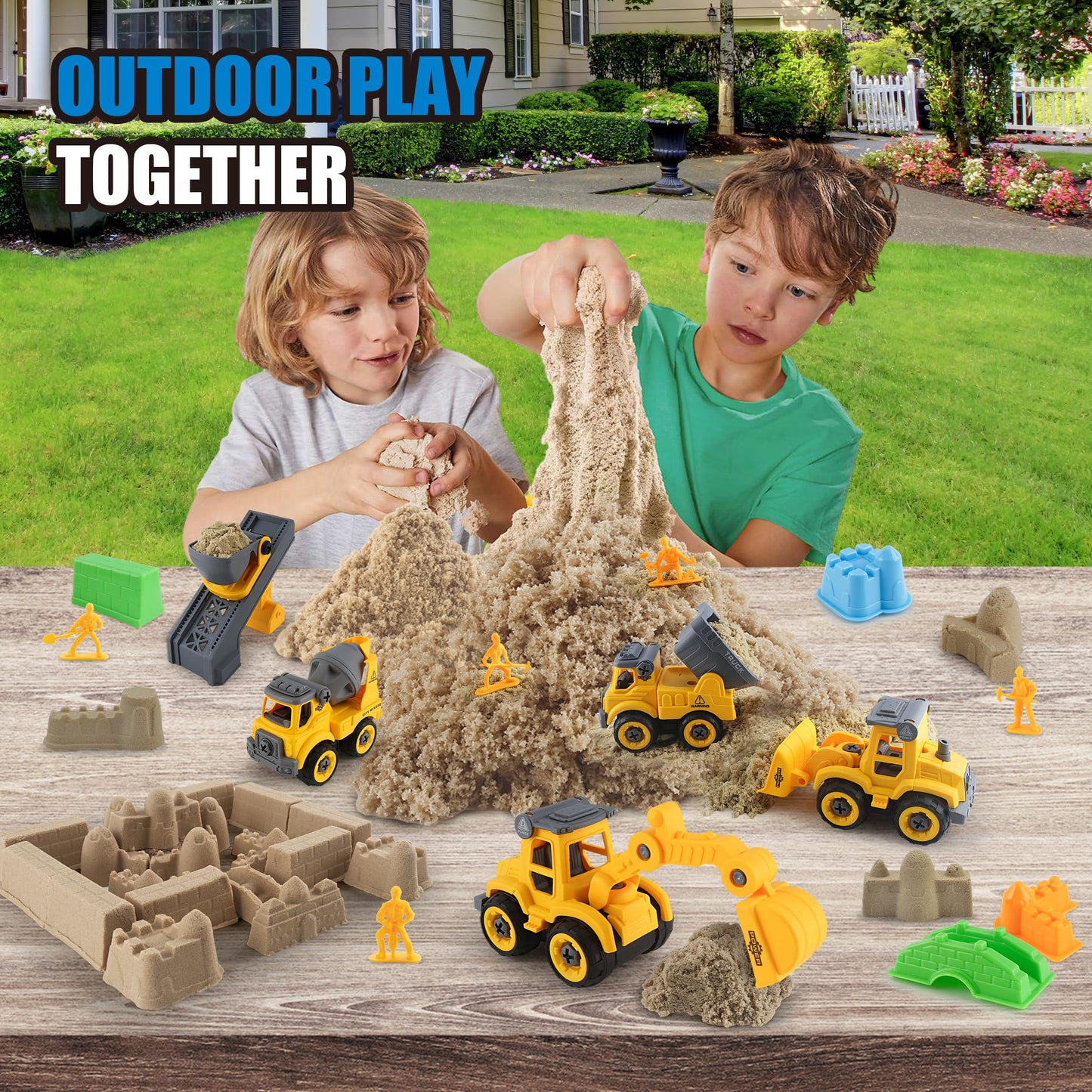 YIDESTARS Construction Sandbox with Lid - 4 Vehicles with 1 Conveyor, 8 Castle Molds, 6 Figures & 3lbs Moldable Sand - Preschool Sensory Bin for Fine Motor Skills, Ages 3-6