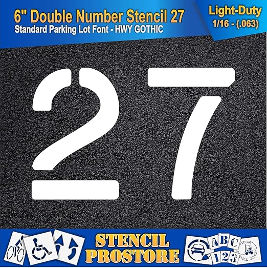 Pavement, Curb, and WheelStop Stencils - 6 inch Double Number Stencil - (27) - 6" x 9" x 1/16" (63 mil) - Light-Duty