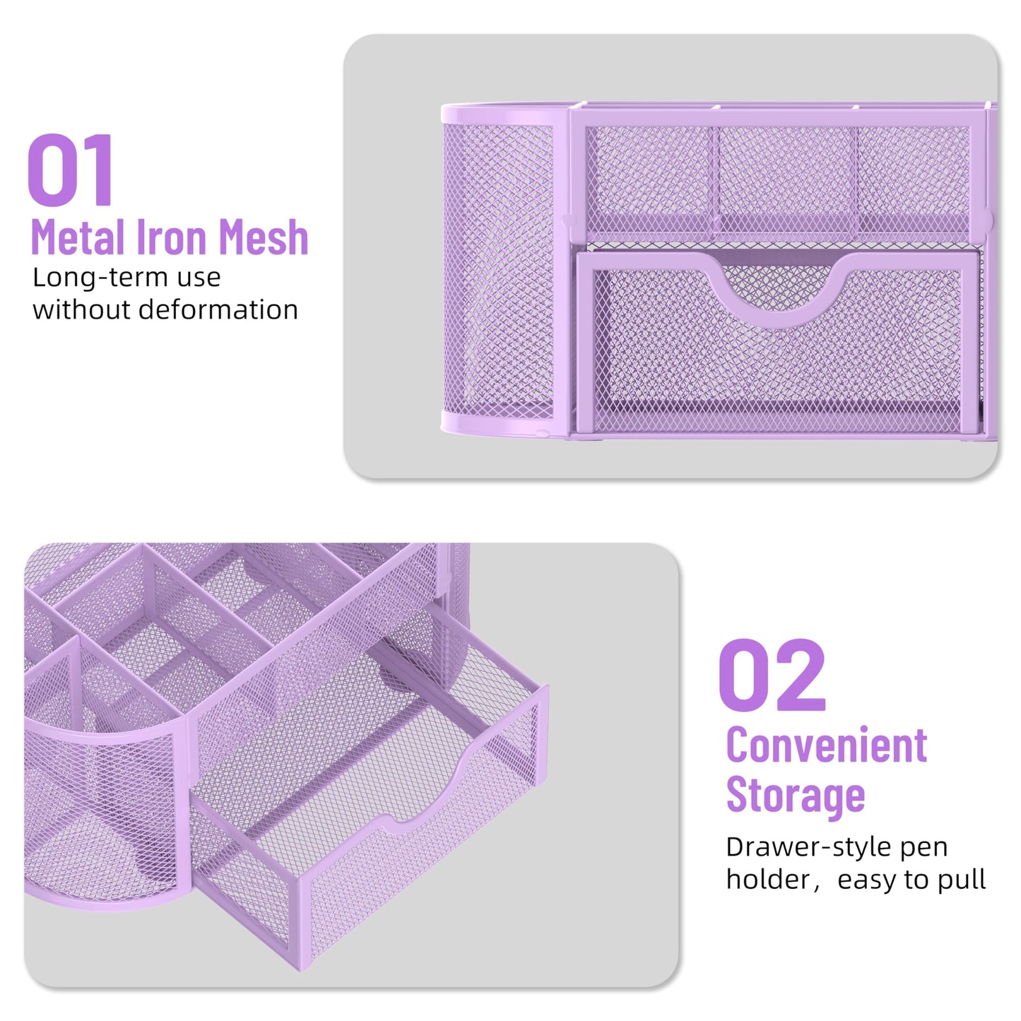 SUPEASY Mesh Desk Organizer, Desk Accessories & Workspace Organizers with Drawers, Pencil Holder for Desk with 9 Compartments for Office Suppliess, School, Classroom, 8.6 x 4.3 x 4.1 Inch, Purple