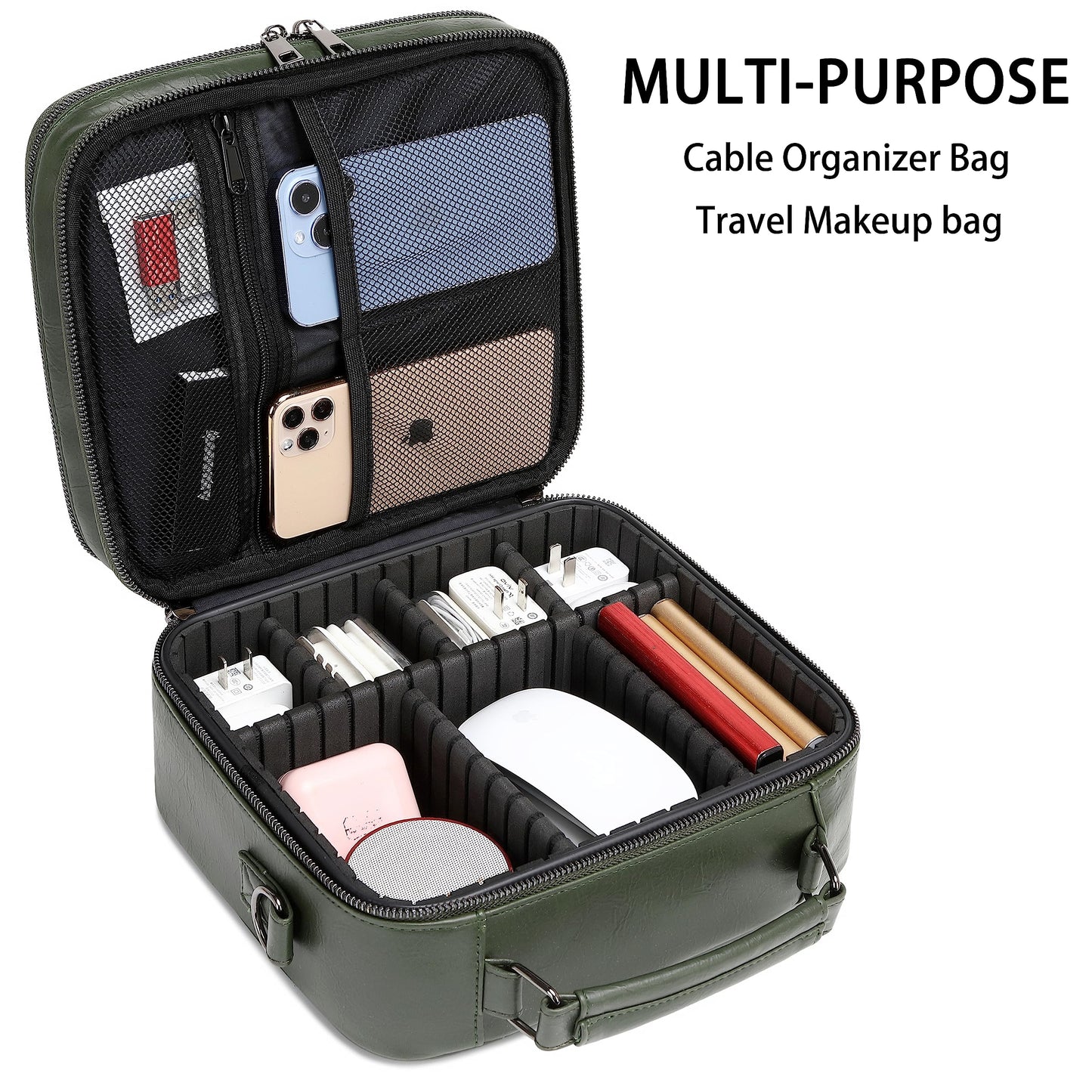 KYALOU Electronics Travel Organizer, Large Electronic Accessories Cable Case with Adjustable Dividers, Waterproof Tech Storage Bag Gifts with Double Layers for Cord, Charger, Power Bank - Olive Green