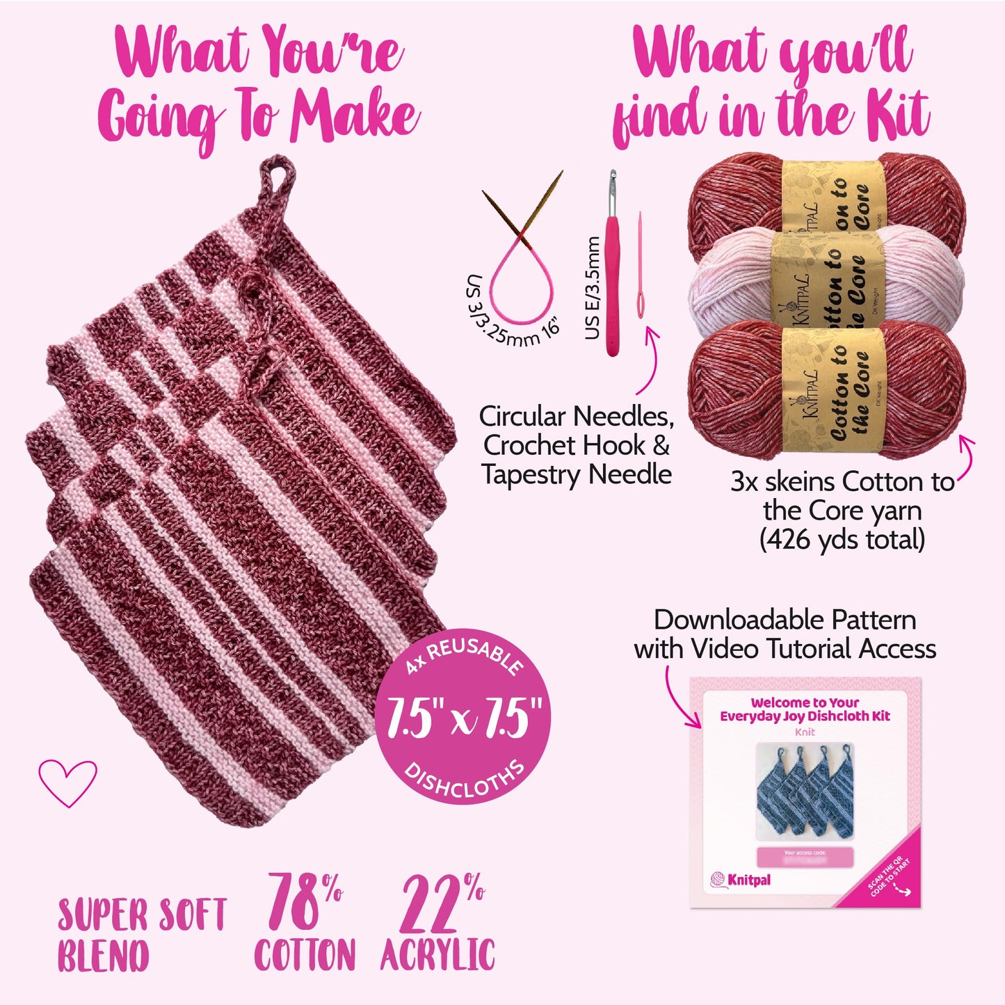 KnitPal Everyday Joy Knitting Kit – Make 4 Reusable Dishcloths for Confident Beginners – Cotton to The Core Yarn (#3 DK), Needles, Patterns & Video Tutorials (Cherry Red + Blush Pink)