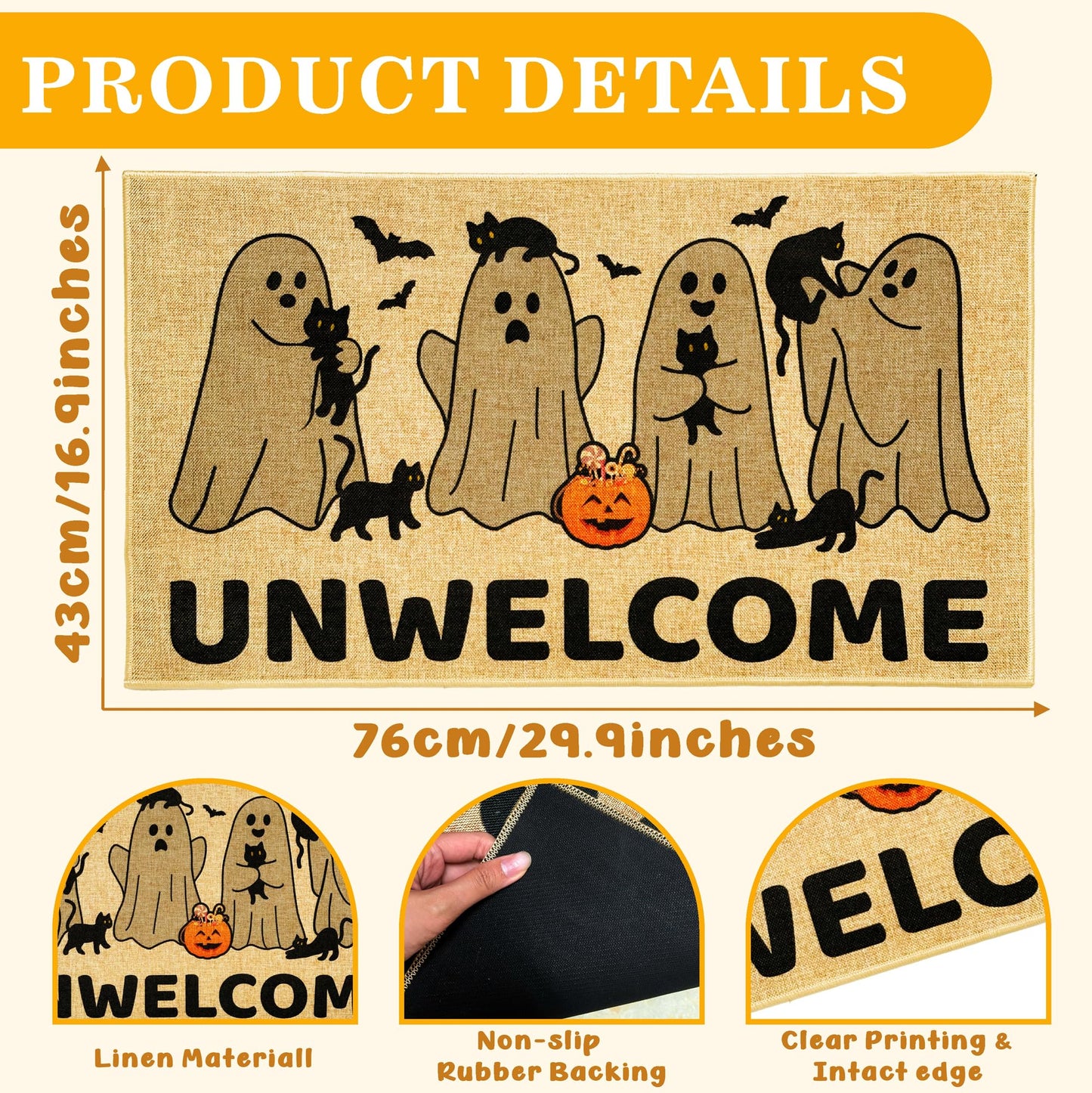 Kazova Unwelcome Doormat Funny Ghost Boo 17x30 Inch Non Slip Washable Linen Indoor Outdoor Rug for Introvert Home Office Front Door Entryway