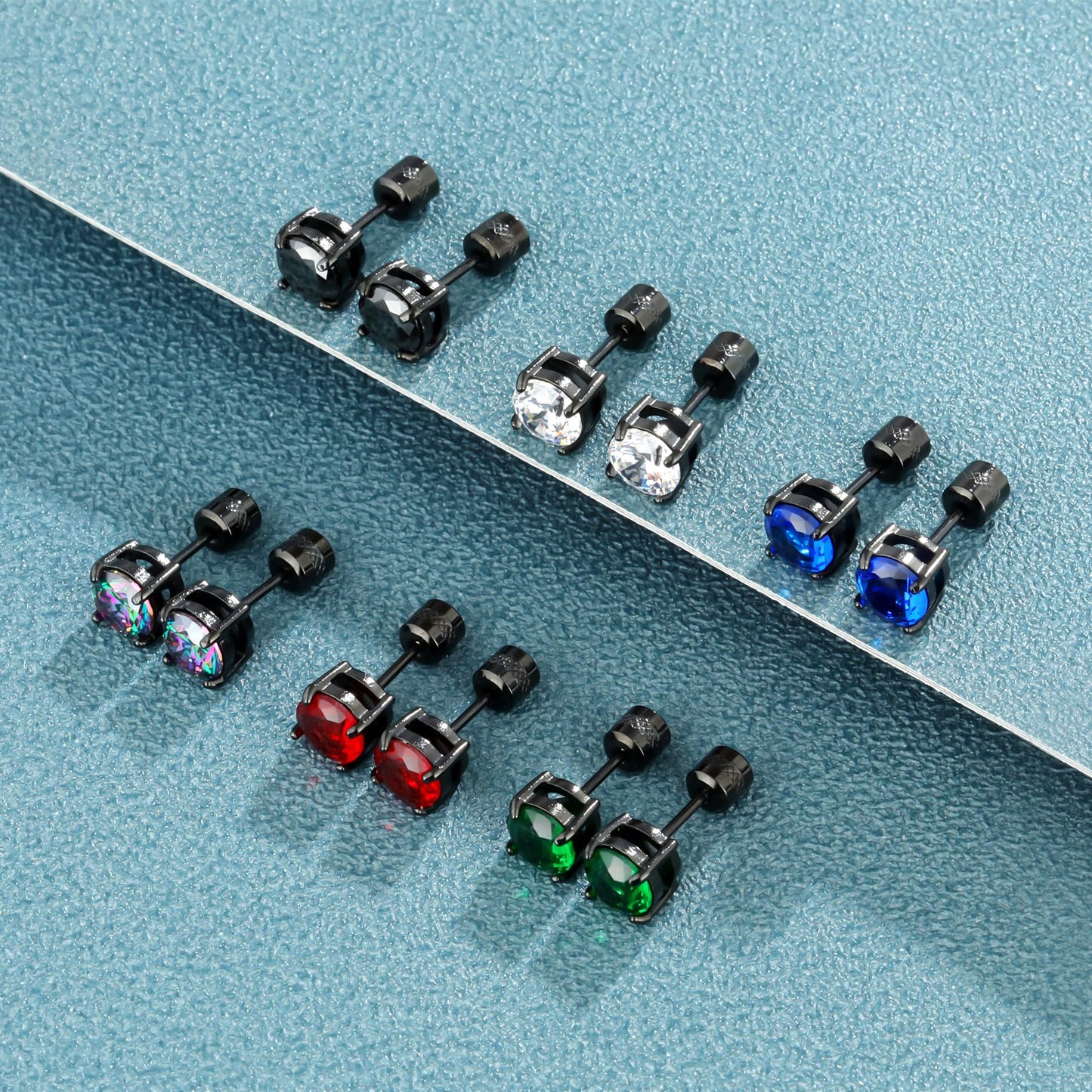 Hopply 4 Pairs Titanium Screw Back Surgical Stainless Steel Earrings for Women Men,Rainbow 5A Cubic Zirconia Studs Double Side Earrings Piercing Sleeper Jewelry 6mm (Black/Silver CZ 3-6mm)
