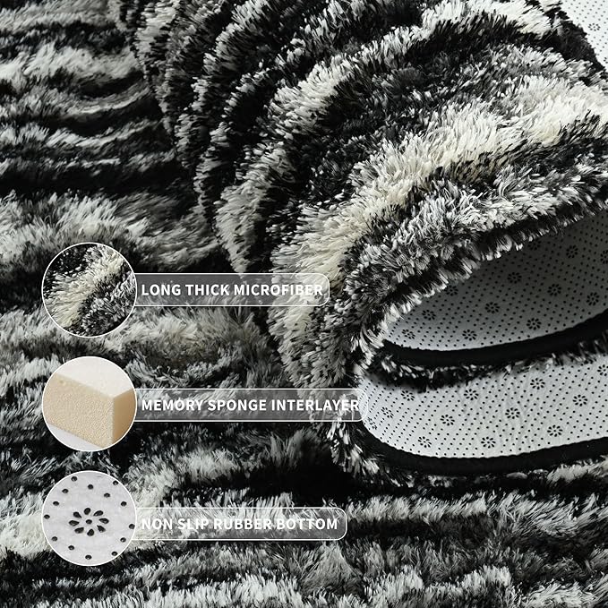 Tepook Fluffy Large Rugs for Living Room, Shag Area Rug 6x9 Soft Carpet for Bedroom, Modern Shaggy Rug for Kids Boys Girls, Plush Indoor Nursery Home Decor Rug with Non-Slip Bottom, Black White