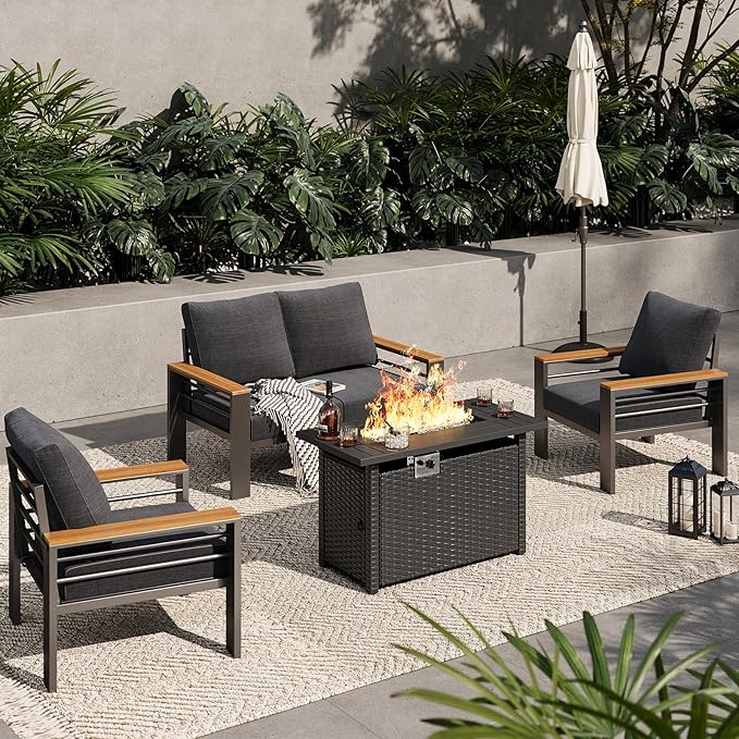 Aoxun Aluminum Outdoor Patio Furniture Set, 5-Piece Outdoor Sectional with 44'' Propane Gas Firepit Table, Patio Conversation Sets with Upgraded Armrests and Cushions for Backyard (Dark Grey,4 Seats)