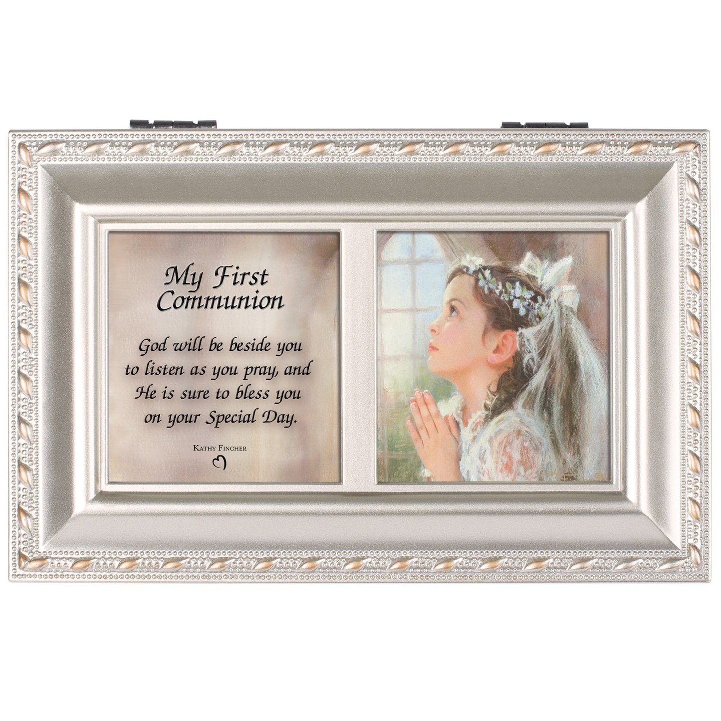 Cottage Garden First Communion God Beside You Brushed Silvertone Jewelry Music Box Plays Amazing Grace