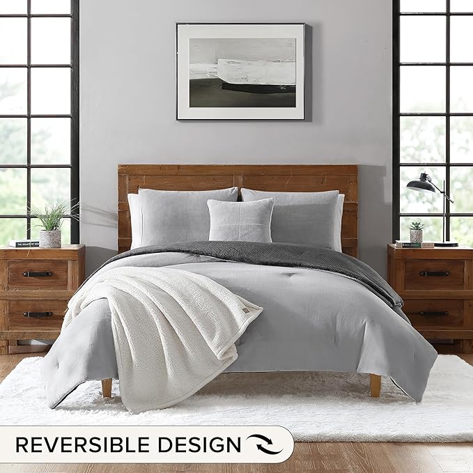UGG Remina Comforter Set 5 Piece Bed in a Bag with Throw Blanket, Decorative Pillow, Shams, and Reversible Comforter Hypoallergenic Washable Luxury Warm Fluffy Bedding Set, Full/Queen, Charcoal Grey