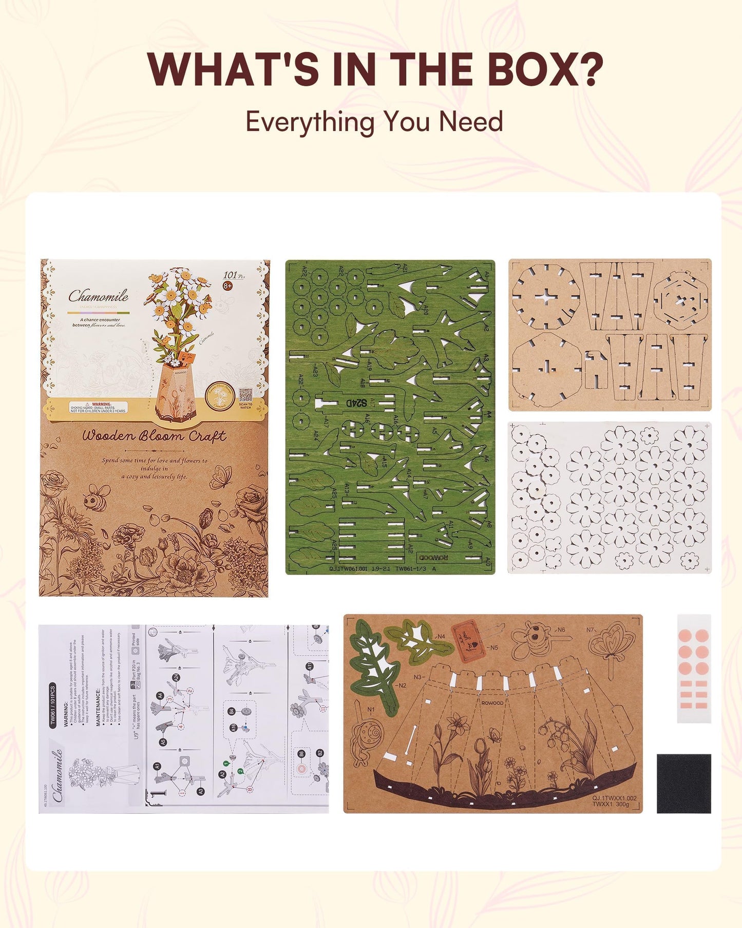 Wowood 3D Flower Wooden Puzzles for Adults-Chamomile, Mothers Day DIY Wooden Flowers Model Kit Building Set Crafts Gifts, Artificial Botanical Collection Creative Gift Ideas/Housewarming (101PCS)