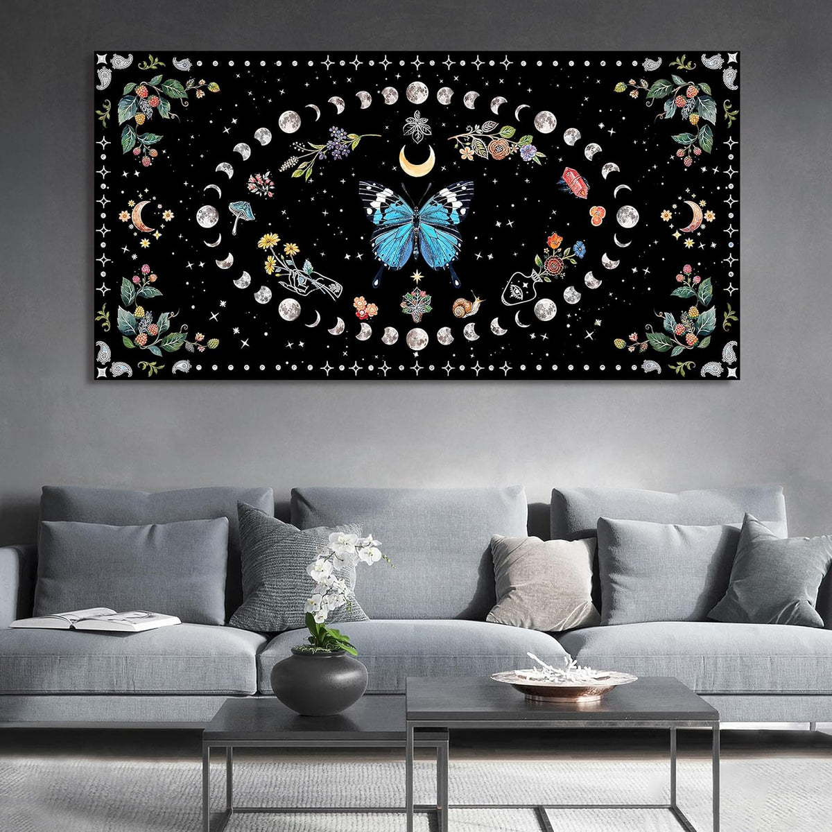 Large Canvas Wall Art Blue Boho Wall art Decor Canvas Art Wall Decor Wall Pictures for Living Room Vintage Butterfly Wall Art Moon Flower Prints Large Artwork for Walls Home Room Decor 29" X 58"