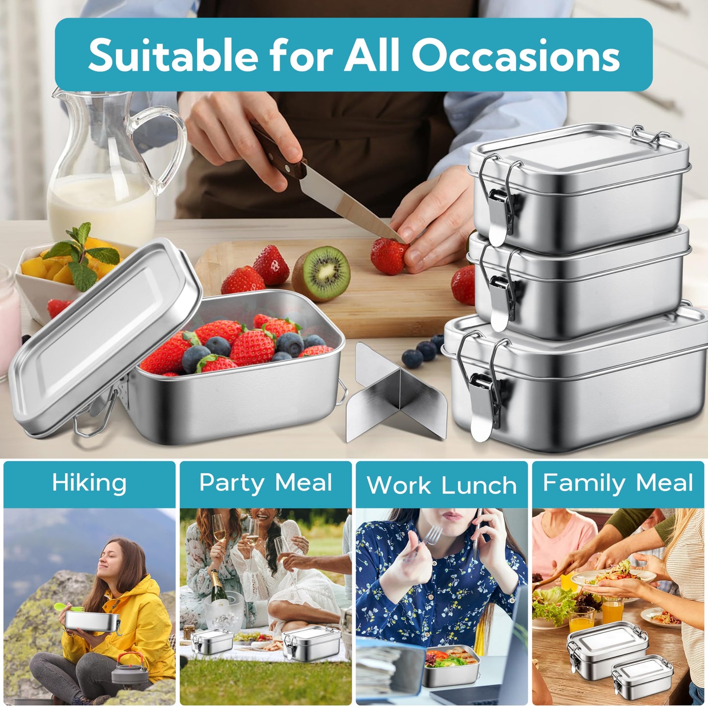 E-far Stainless Steel Bento Box, 28oz Metal Lunch Bento Box w/Leak Proof Lid, 850ml Small Food Container w/Removable Divider & Bag, Reusable 3-Compartment Bento Lunch Container for Camping Picnic
