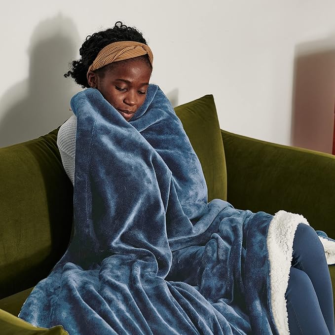 Bedsure Sherpa Fleece Blankets King Size for Bed - Thick and Warm, Soft Fuzzy Plush King Blanket for Winter, Slate Blue, 108x90 Inches